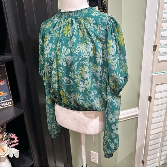 Free People Green Floral Peasant Blouse Balloon Sleeve Boho Top – Size XS - Picture 9 of 9